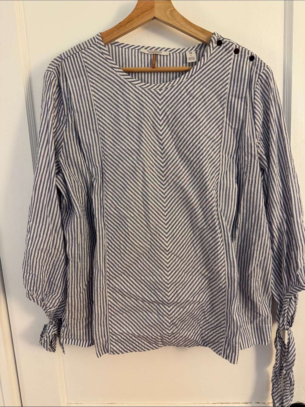Scotch & Soda Navy and White Striped Button-Shoulder Blouse